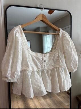 Free People White Peplum Puff Sleeve Square-Neck Blouse with Button Front